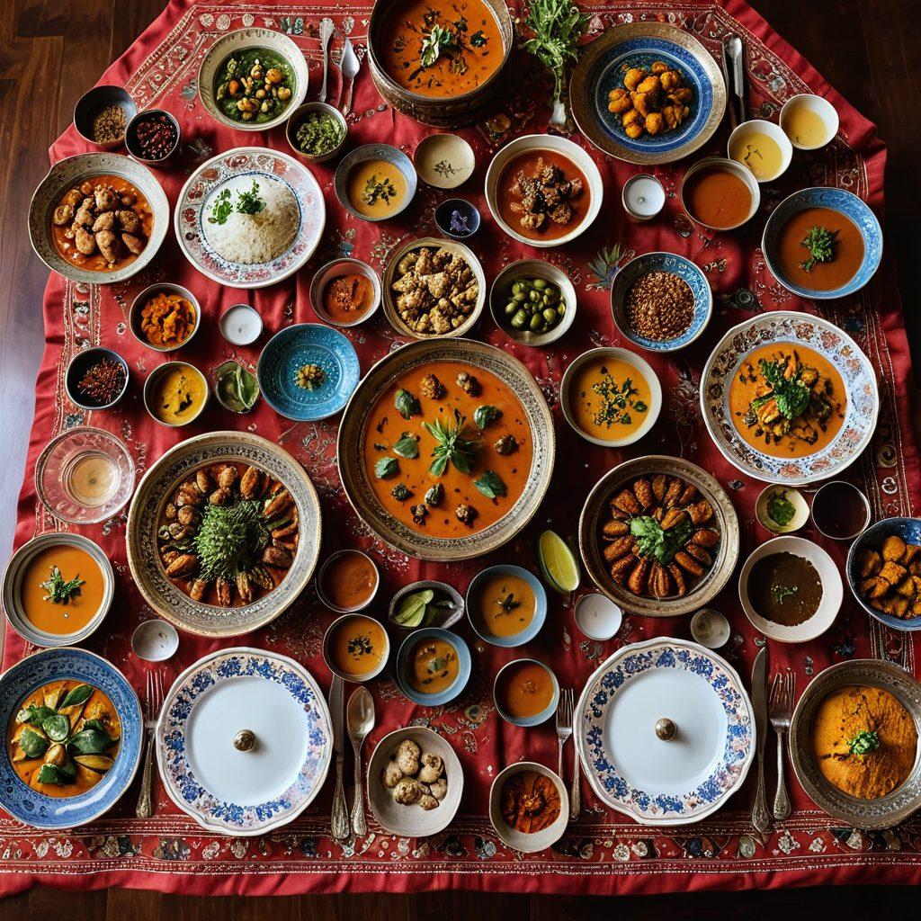 A beautifully arranged table featuring an array of vibrant Indian dishes, showcasing diversity in colors and textures, surrounded by artifacts representing India's rich cultural heritage like traditional textiles, pottery, and spices. A picturesque backdrop of an iconic Indian landscape, such as a palace or temple. The scene captures the essence of a culinary and cultural journey. super-realistic. vibrant colors. atmospheric lighting.