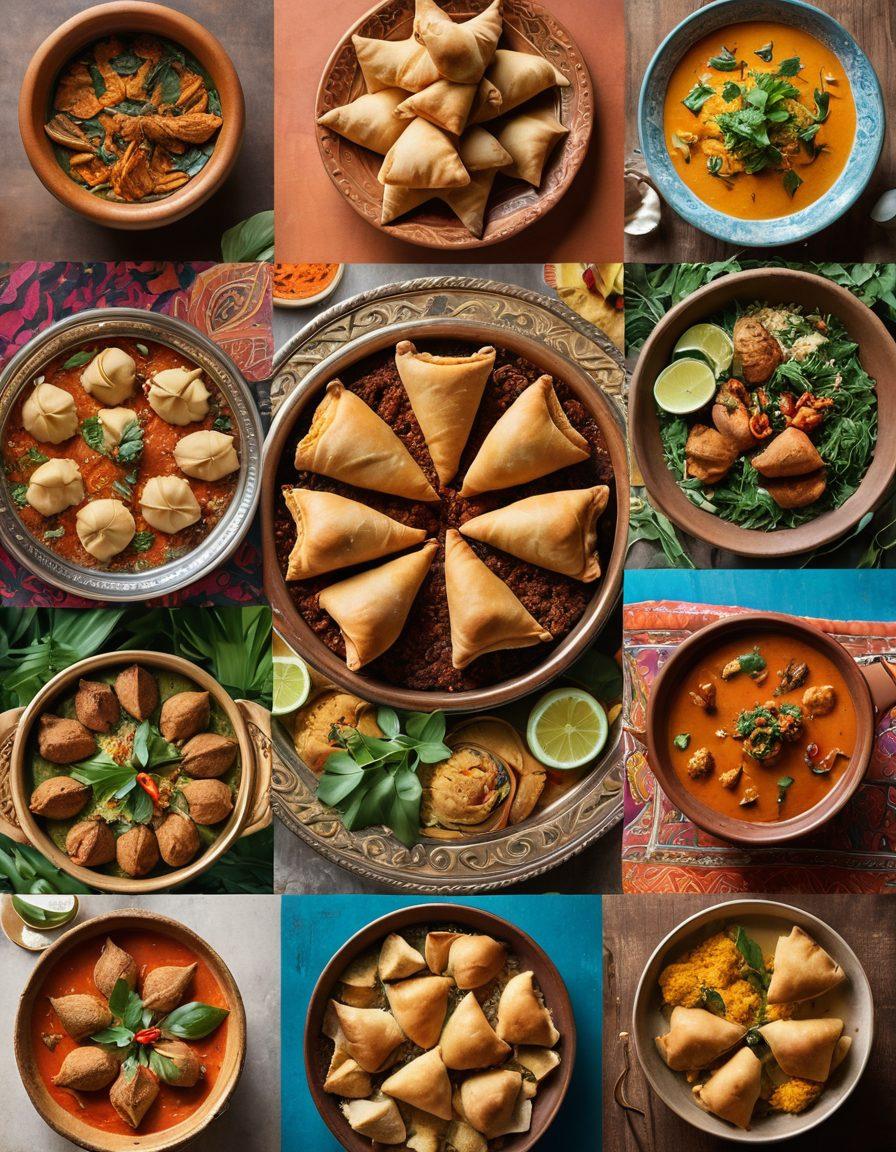 A vibrant and colorful collage showcasing an array of traditional Indian dishes like biryani, samosas, and desserts, surrounded by cultural artifacts such as intricate textiles and clay pots. The background features an inviting Indian market scene with lush greenery and spices. The composition should evoke warmth and joy, highlighting the richness of Indian food and culture. super-realistic. vibrant colors. 3D.