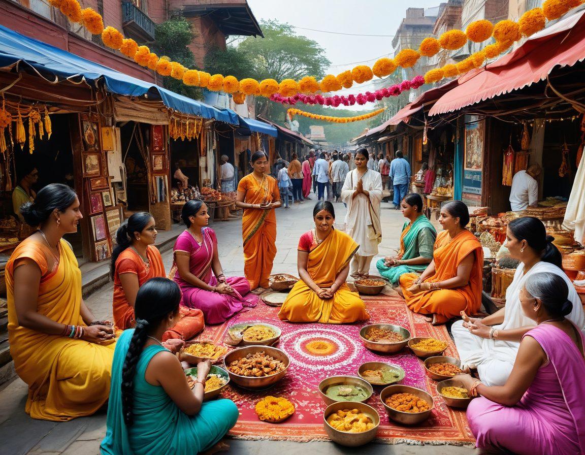 A vibrant montage of Indian festivals showcasing colorful decorations, traditional clothing, and joyful families celebrating together. Integrate elements of meditation and well-being, such as yoga poses and serene landscapes, to emphasize the heart of well-being within Indian culture. Include lively street food stalls and local artisans crafting beautiful items. super-realistic. vibrant colors. 3D.